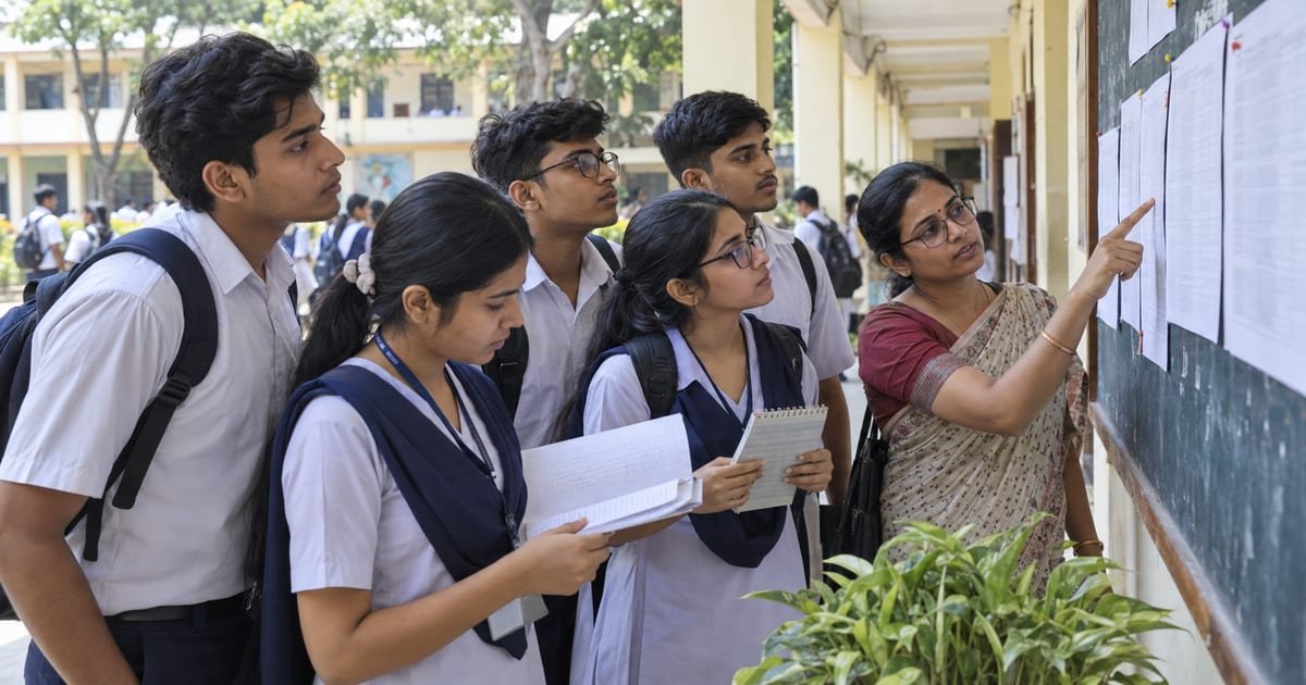 শিক্ষিকার সহায়তায় নোটিস বোর্ডে উচ্চমাধ্যমিক পরীক্ষার সংশোধিত সূচি দেখছে পরীক্ষার্থীরা।