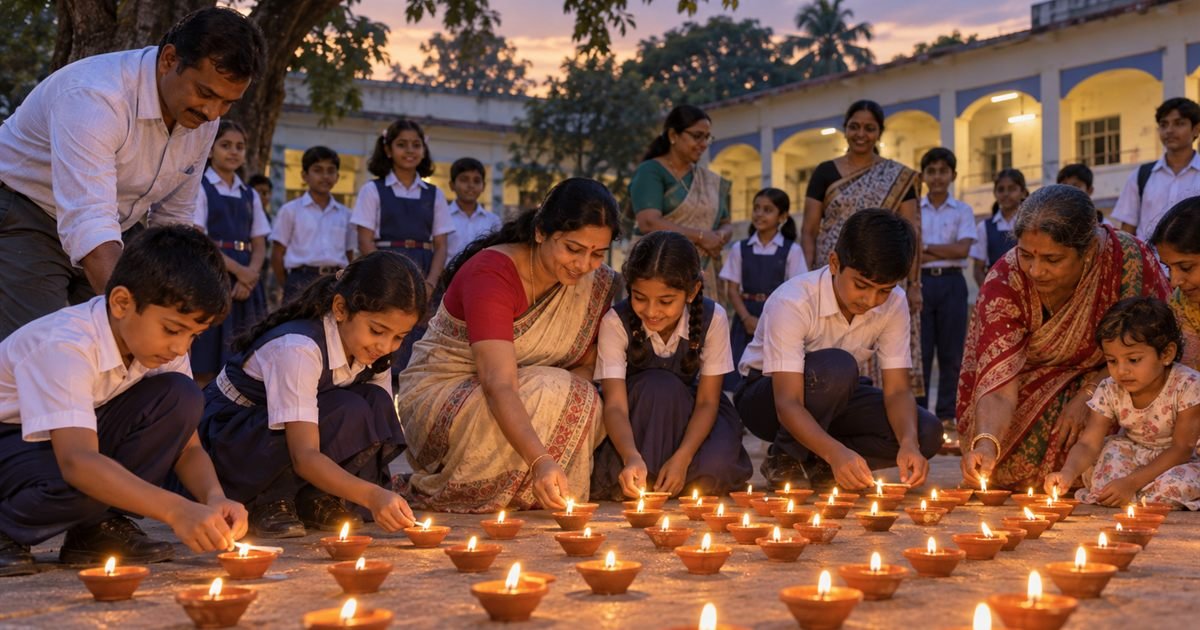 পশ্চিমবঙ্গের একটি বিদ্যালয় প্রাঙ্গণে পড়ুয়া, শিক্ষক ও পরিবারের প্রদীপ প্রজ্বালনের প্রতীকী দৃশ্য